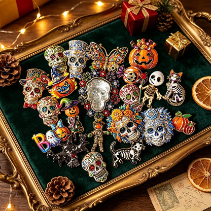 Halloween Sugar Skull Enamel Brooch Gothic Skeleton Pin Pumpkin Ghost Cat Badge for Coat Bag Day of The Dead Jewelry Party Gift