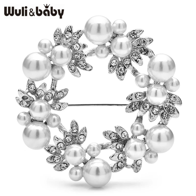 Wuli&baby Pearl Flower Wreath Brooches For Women Unisex 2-color Elegant Circle Office Party Brooch Pins Gifts