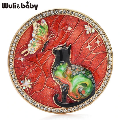 Wuli&baby Lovely Butterfly And Cat Brooches 4-color Alloy Enamel Animal Round Brooch For Women Children's Clothes Pins Badge