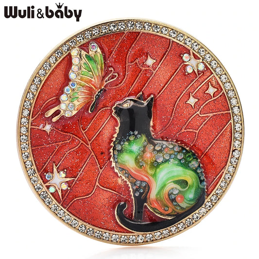Wuli&baby Lovely Butterfly And Cat Brooches 4-color Alloy Enamel Animal Round Brooch For Women Children's Clothes Pins Badge