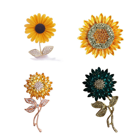 Shiny Rhinestone Sunflower Brooch Pin For Women Luxury Zircon Daisy Flower Collar Badge Elegant Floral Bouquet Corsage Jewelry
