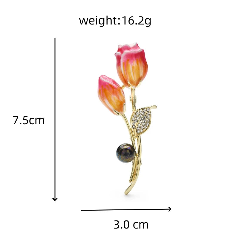 Wuli&baby Enamel Purple Tulip Brooch Pins Gray Pearl Flower Rhinestone Leaf for Women Jewelry Accessory Gift