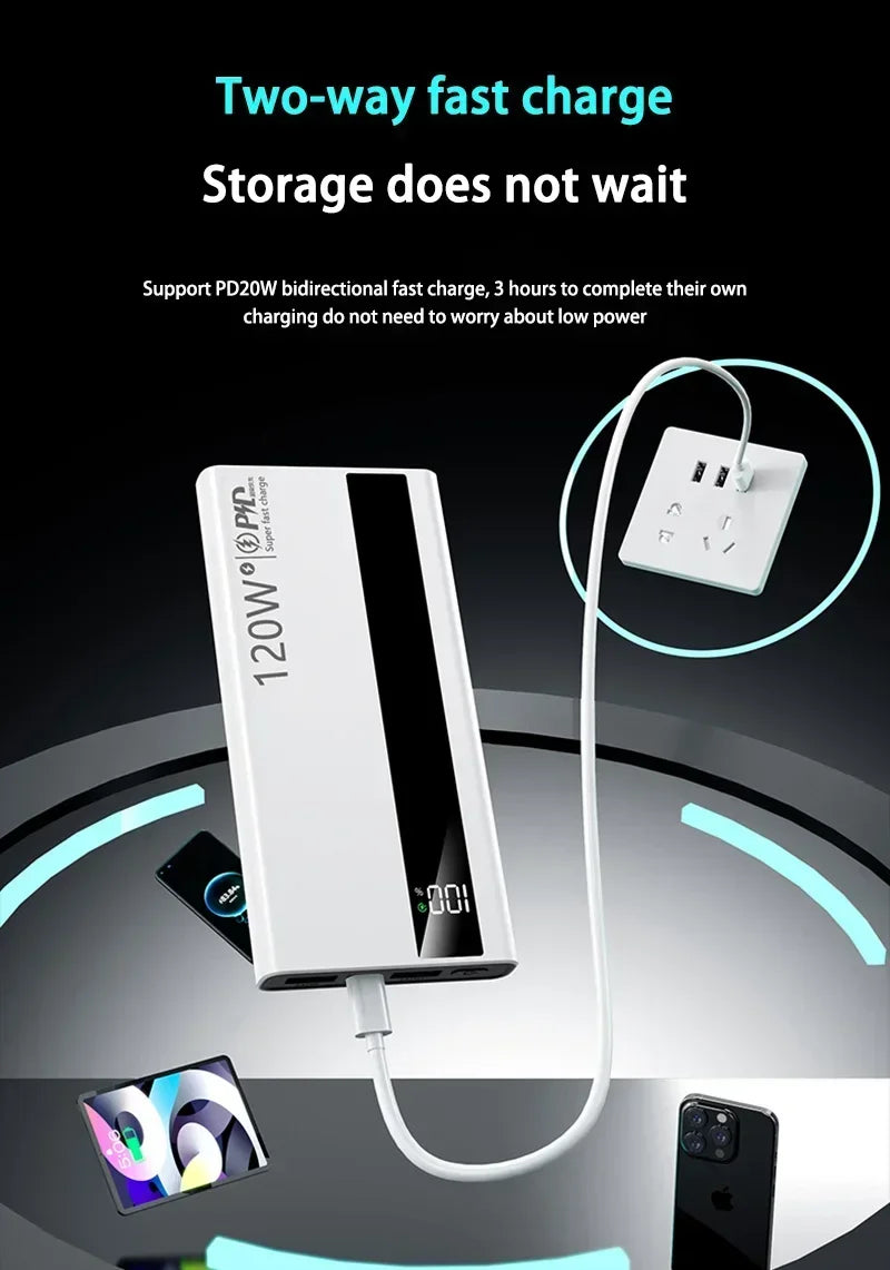 Lenovo 200000mAh Powerbank 120W Super Fast Charging Portable Battery Charger Ultra Capacity LED Digital Display For IPhone