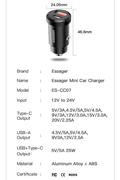 Essager USB C Car Charger 45W 5A Quick Charge 4.0 QC PD 3.0 SCP USB Type C Fast Charging For iPhone14 13 Huawei Samsung Xiaomi