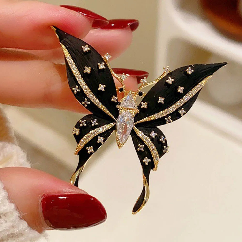 Vintage Rhinestone Black Butterfly Brooches Inlaid Cubic Zirconia Insect Metal Enamel Pins for Women Clothing Accessories