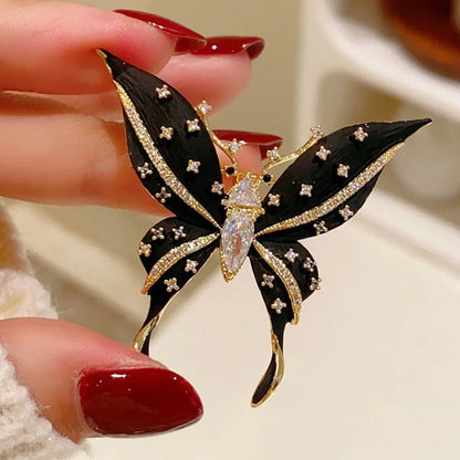 Vintage Rhinestone Black Butterfly Brooches Inlaid Cubic Zirconia Insect Metal Enamel Pins for Women Clothing Accessories