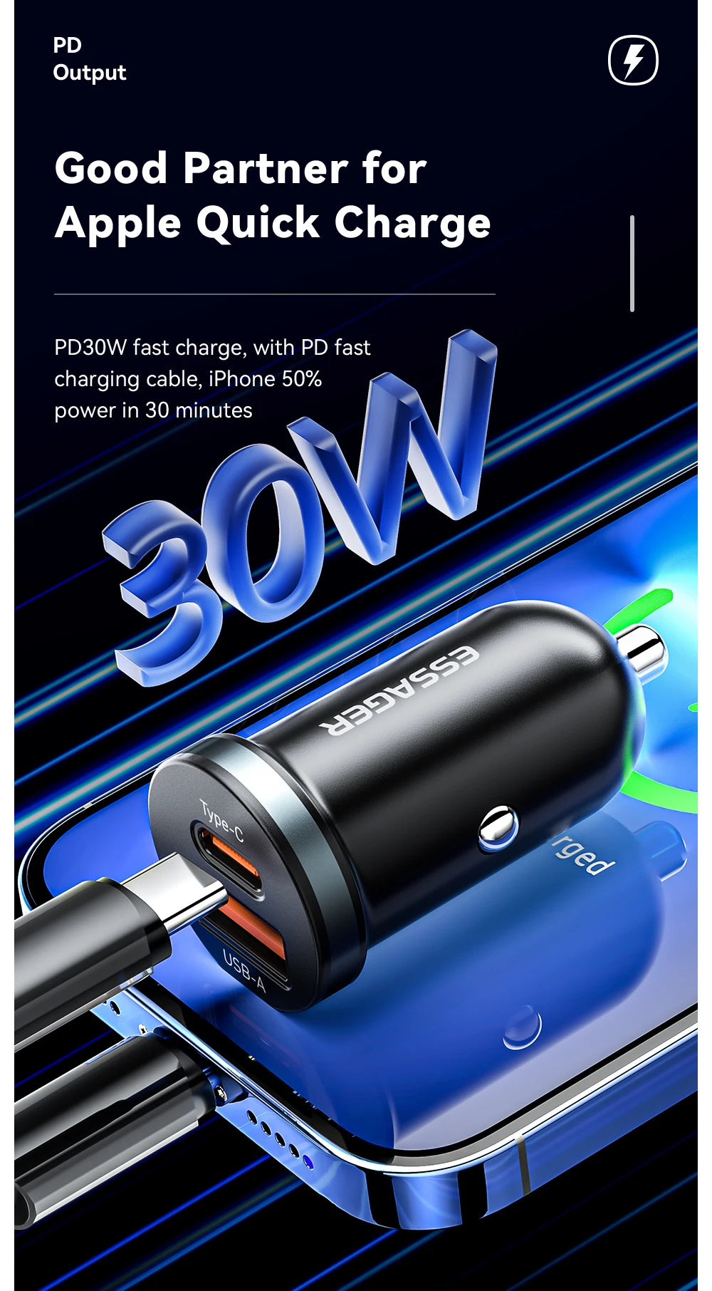 Essager 30W USB C Car Charger Type C Quick Charger PD QC 3.0 SCP 5A Fast Charging Car Phone Charge For iPhone Xiaomi Samsung