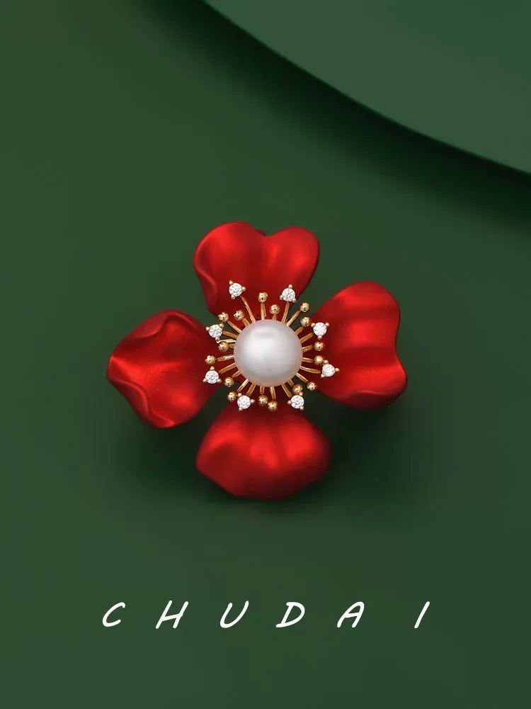 Exquisite Red Soft-paint Flower Brooch for Women Men Plant Enamel Pins Party Office Jewelry Gifts