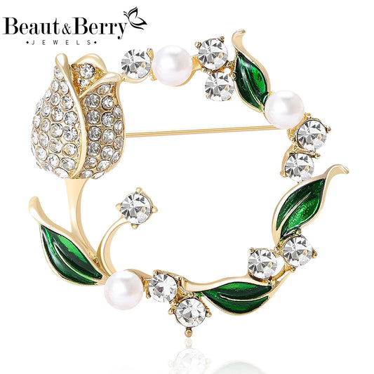 Beaut&Berry Luxury Rhinestone Tulip Wreath Brooches for Women Unisex Plant Pins Casual Party Jewelry Accessories Gift Decoration