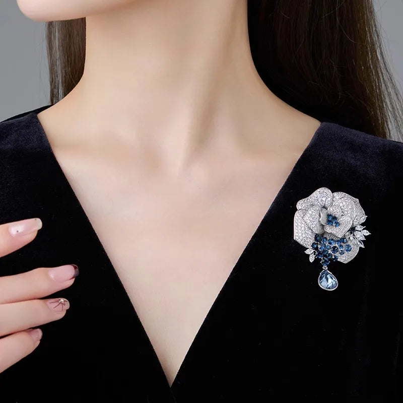 Ajojewel Bling White Rose Brooch With Blue Crystal Flower Cloth Pin Trendy Jewelry 2025 High Quality Fashion Gifts