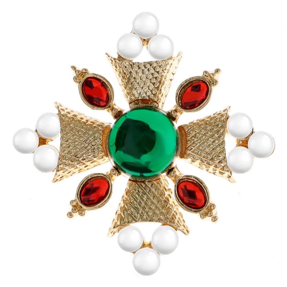 Luxury Vintage Court Cross Brooch Baroque Openwork Shiny Crystal Pearl Pin Men's and Women's Metal Enamel Jewelry Gifts