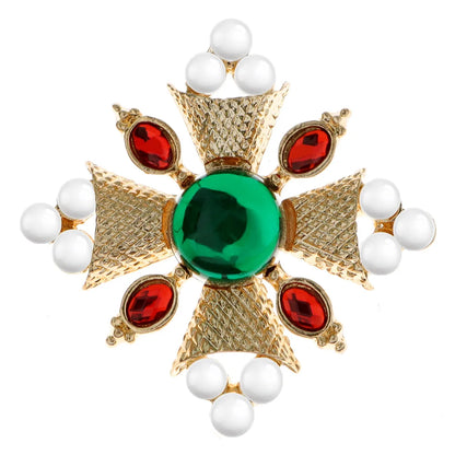 Luxury Vintage Court Cross Brooch Baroque Openwork Shiny Crystal Pearl Pin Men's and Women's Metal Enamel Jewelry Gifts