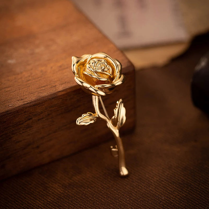 Luxury High-End Gold-Tone Rose Flower Brooch Pin For Women & Men - Elegant Suit Coat Badge Fashion Jewelry Lapel Accessory^