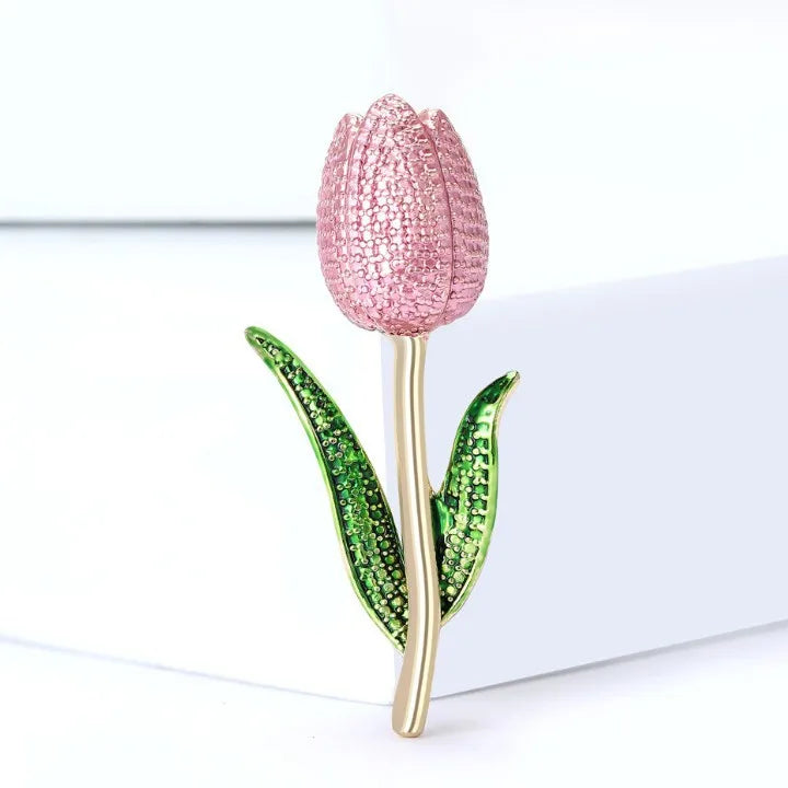 Enamel Tulip Flower Brooch 2 Colors Rhinestone Crystal Lapel Pin For Women Plant Jewelry Party Office Suit Coat Accessories