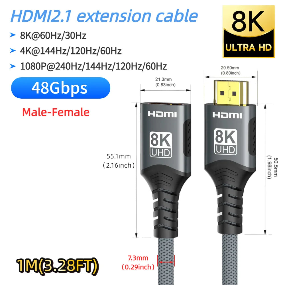 HDMI 2.1 Extension Cable 8K@60Hz HDMI 2.1 Male-Female Bi-Directional 48Gbps 4K@120Hz For HDTV RTX PS5 Xbox HDR Video PC Laptop