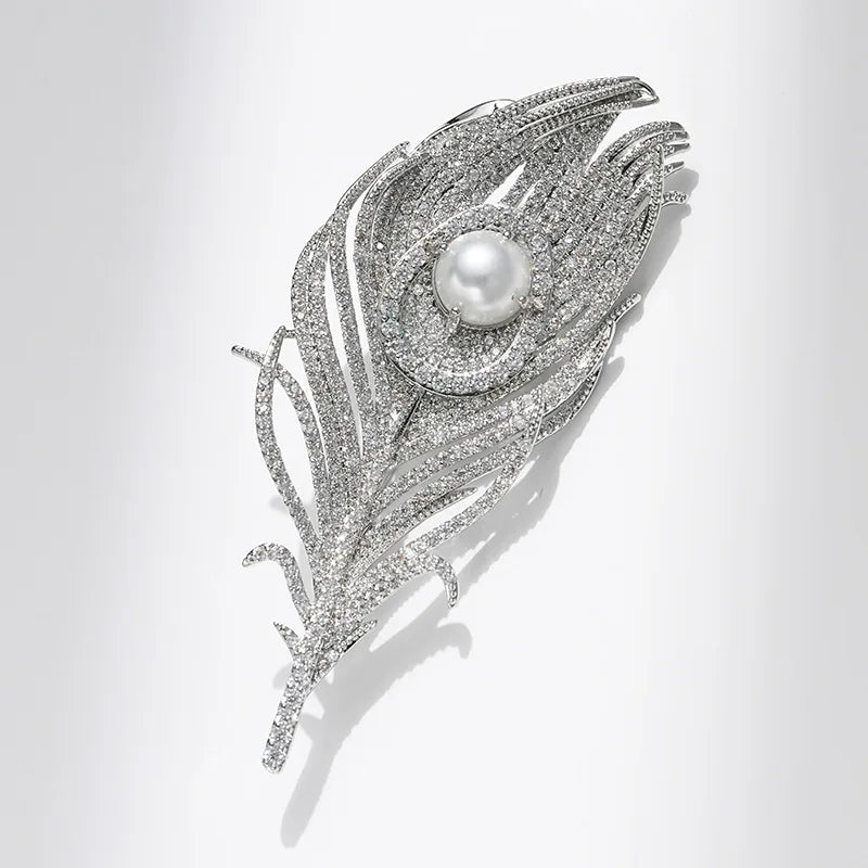 SKEDS Women Men Fashion Exquisite Crystal Feather Pearl Brooch Pin Elegant Classic Lady High-end Badges Accessories Gift