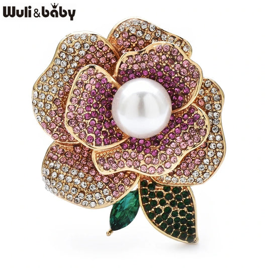 Wuli&baby Beautiful Shining Rose-flower Brooches For Women Lady Pearl 2-color Flowers Party Office Brooch Pins Gifts