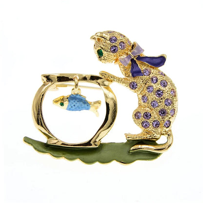 Rhinestone Bowknot Cat Brooch Cute Kitten Looking Fish Pins New Year Jewelry