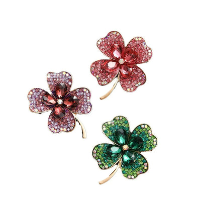 Rhinestone Clover Brooches For Women Green Pink Green Red Color Pin Flower Plant Jewelry Pin Accessories