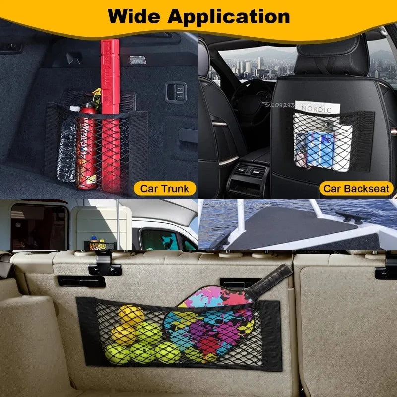 Car Storage Net Stretchable Mesh Pocket Net Magic Elastic Sticker …Universal Rear Mesh Trunk Seat Bag Pocket Cage Auto Organizer