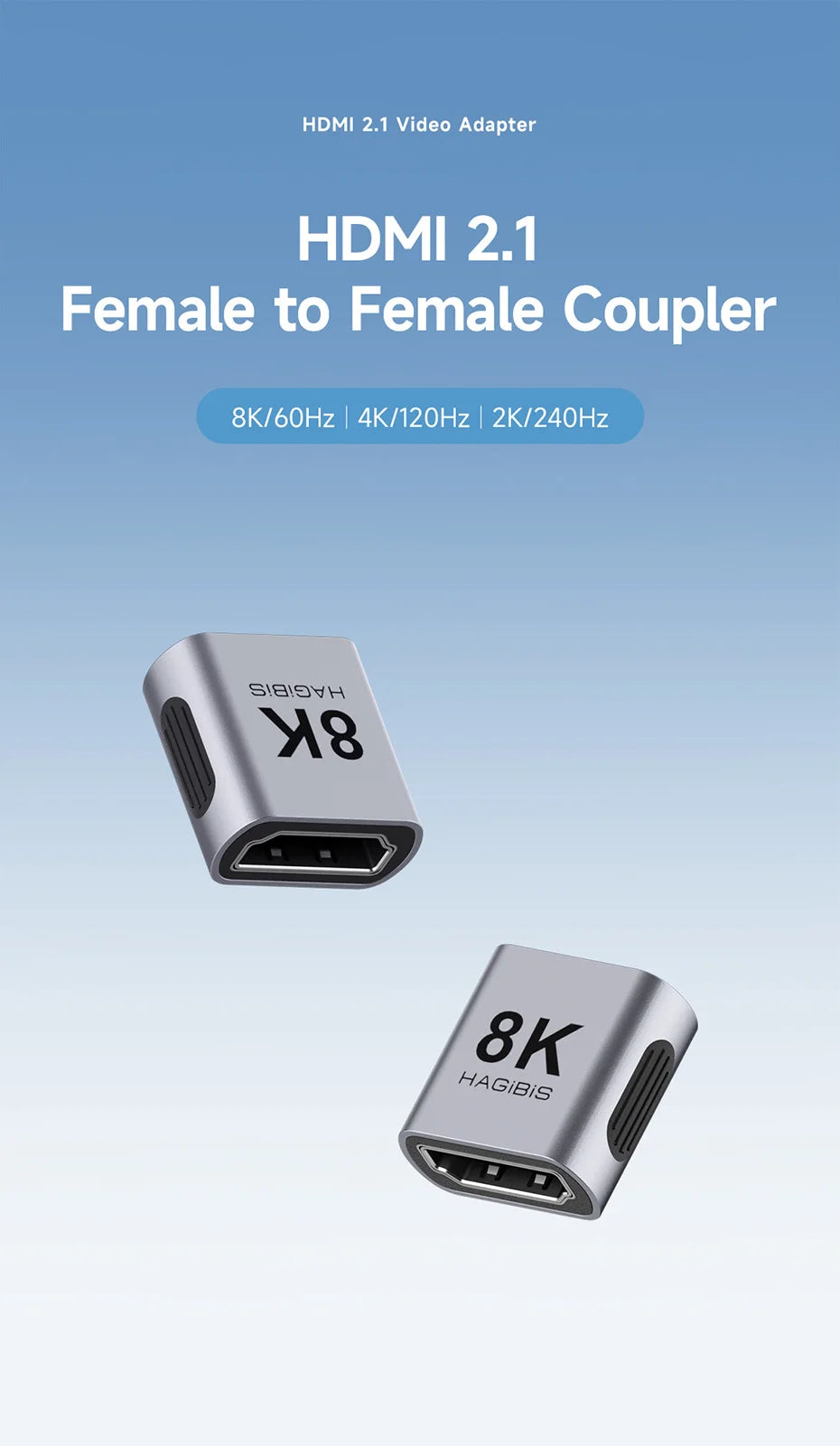 Hagibis HDMI Coupler 8K HDMI 2.1 Female to Female Connector Extension Cable Adapter for HDTV Monitor Laptops Projector Roku TV