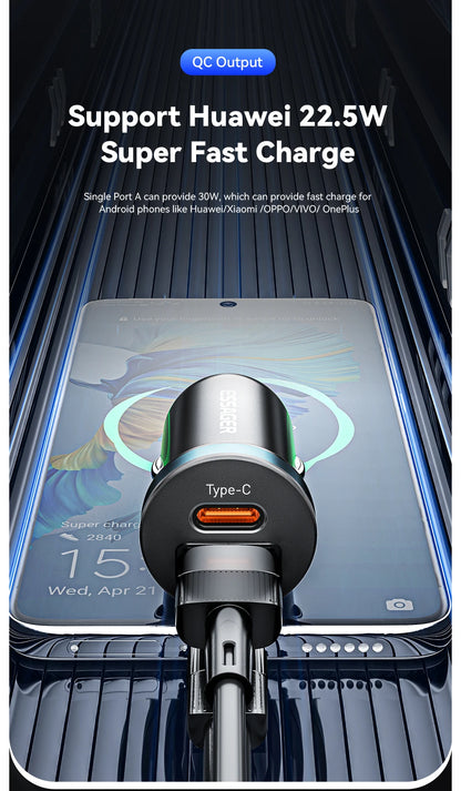 Essager 30W 5A QC 4.0 PD 3.0 USB Car Charger Quick Charge4.0 USB Type C Car Fast Charging For iPhone 12 13 Huawei Samsung Xiaomi