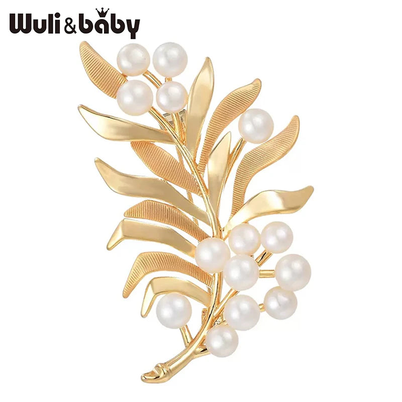 Wuli&baby Charming Pearl Leaf Brooches For Women Unisex Flower Feather Plants Causal Party Brooch Pin Gifts