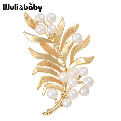 Wuli&baby Charming Pearl Leaf Brooches For Women Unisex Flower Feather Plants Causal Party Brooch Pin Gifts