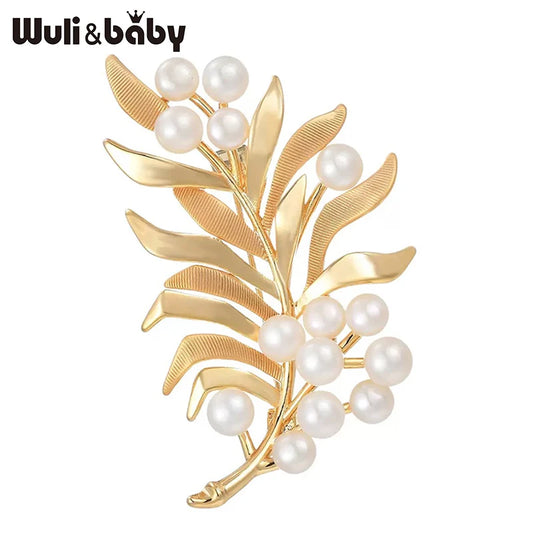 Wuli&baby Charming Pearl Leaf Brooches For Women Unisex Flower Feather Plants Causal Party Brooch Pin Gifts