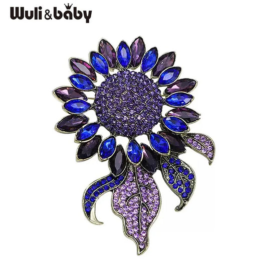 Wuli&baby Big Blue Sunflower Brooches For Women Unisex Vintage Luxury Rhinestone Flower Party Office Brooch Pins Gifts