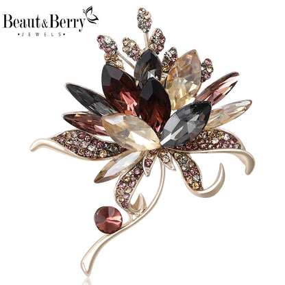 Beaut&Berry Luxury Crystal Glass Hand Bouquet Brooches for Women Unisex Flower Pins Available Casual Party Accessories Gifts