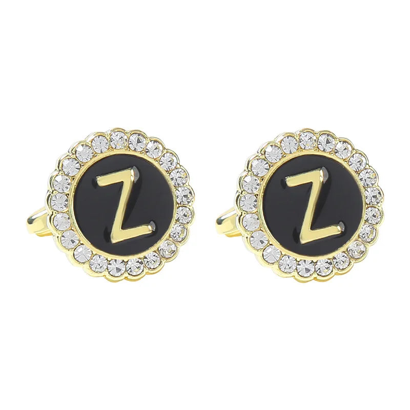 New Round Rhinestone Cufflinks for Men 26 English Letter Cuff Links Button French Business Accessories Gifts
