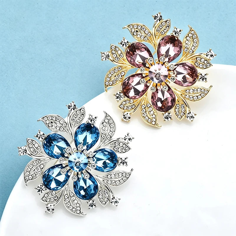 Wuli&baby Crystal Flower Brooches For Women Lady 2-color Elegant Plants Party Casual Brooch Pin Gifts