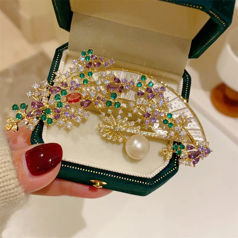 Vintage Chinese Inspired Violet Vine Folding Fan Brooch Pin Elegant Women Qipao Hanfu AccessoriesHoliday Party Couple Gifts