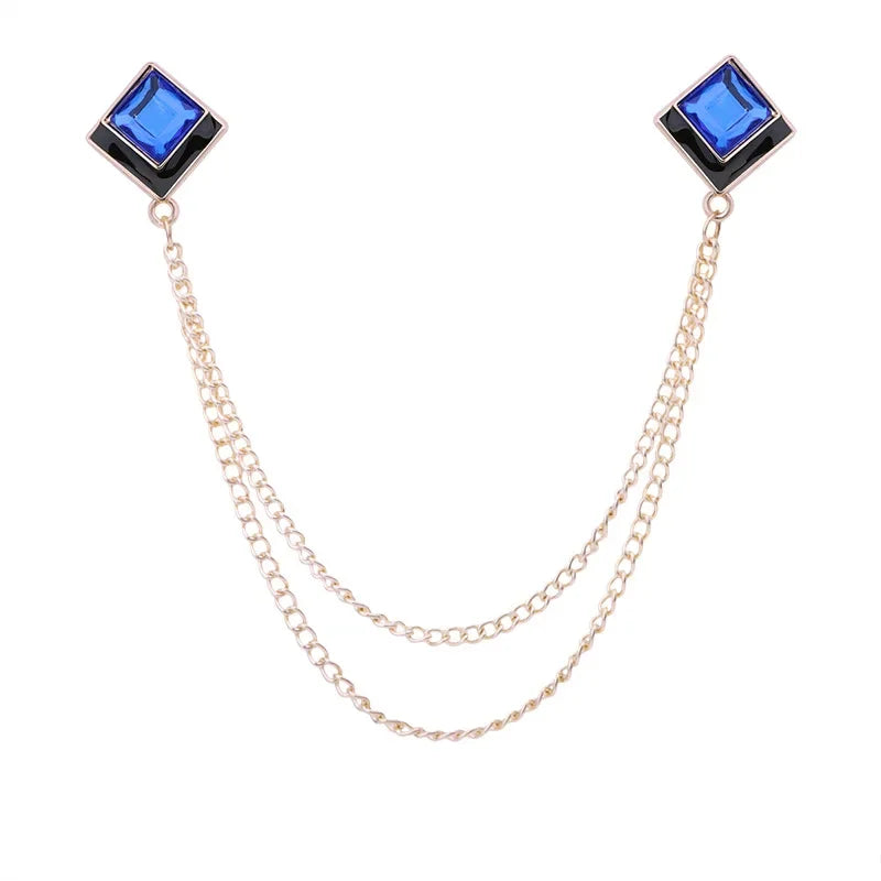 Korean Fashion Geometric Crystal Brooch Tassel Chain Lapel Pin Men's Shirt Collar Jewelry Wedding Party Brooches Accessories