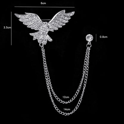 Retro Fashion Crystal Glasses Brooch Tassel Chain Snake Eagle Animal Lapel Pin Men Suit Shirt Collar Badge Jewelry Accessories