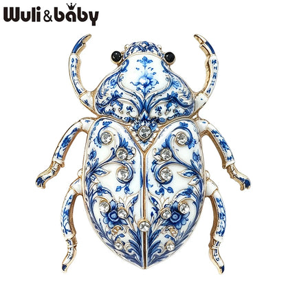 Wuli&baby Lovely Beetle Brooches For Women Men 4-color Rhinestone Blue-and-white Porcelain Insects Party Casual Brooch Pins Gift