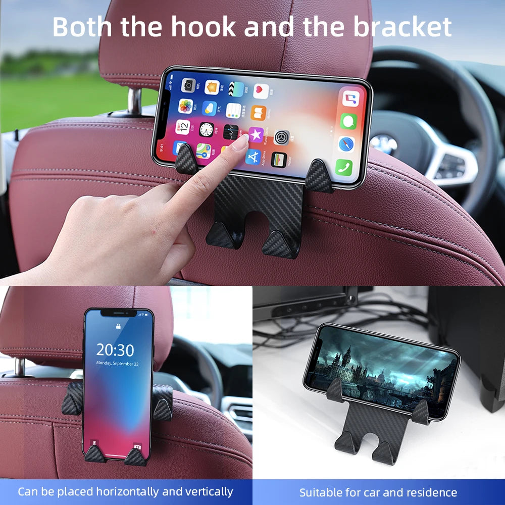 Car Seat Headrest Hook Carbon Fiber Mobile Phone Holder Car Vehicle Universal Holder Handbag Purse Coat Car Interior Accessories