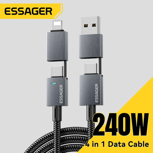Essager 240W 4-in-1 Fast Charging Cable for iPhone17 16 15 Pro Max Macbook iPad Xiaomi Samsung Macbook USB Type C To USB C Cable