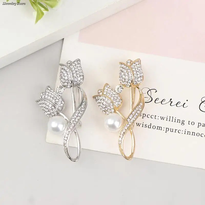 1pc Luxury New Tulip Flower Brooch Elegant Design Sense Rose White Stone Jewelry Collar Pin Jewelry