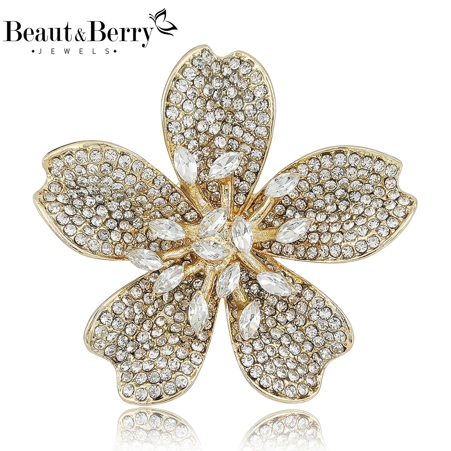 Beaut&Berry Luxury Rhinestone Cherry Blossom Brooches for Women Unisex Plant Pins Casual Party Jewelry Accessories Gifts