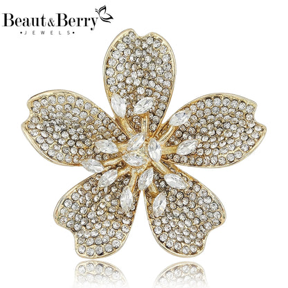 Beaut&Berry Luxury Rhinestone Cherry Blossom Brooches for Women Unisex Plant Pins Casual Party Jewelry Accessories Gifts