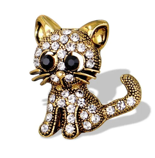 Vintage Cute Little Cat Full Rhinestone Brooch for Men Women 2-Color Animal Party Casual Pins Clips Jewelry Accessories
