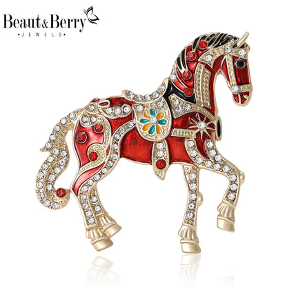 Beaut&Berry Classic Rhinestone Horse Brooches for Women Zodiac Animal Pins New Year Gifts Friends Party Jewellery
