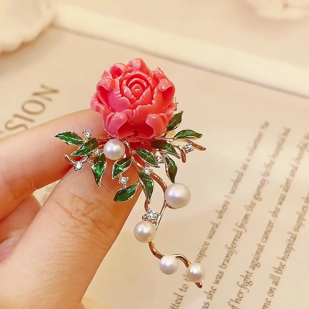 Elegant Pink Peony Brooch For Women Luxury Zircon Flower Leaf Imitation Pearl Corsage Sweet Lady Coat Sweater Clothing Jewelry