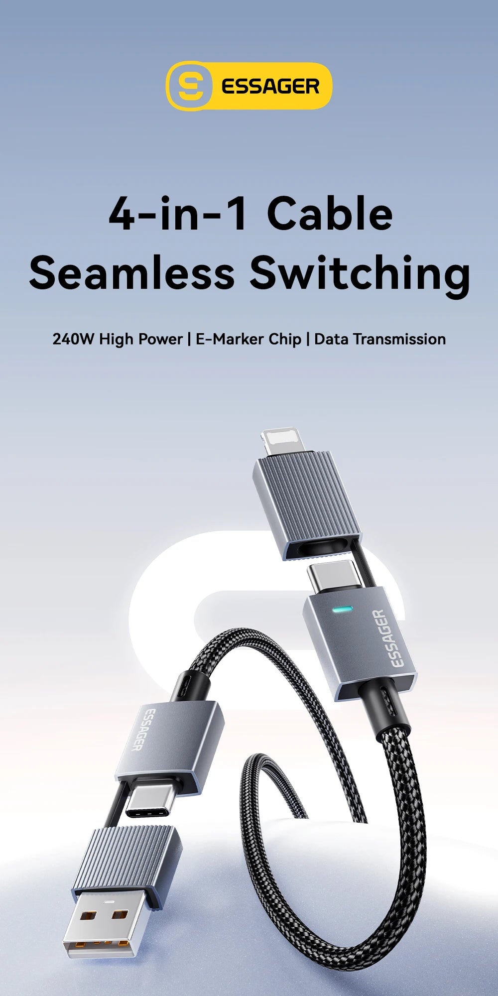 Essager 240W 4-in-1 Fast Charging Cable for iPhone17 16 15 Pro Max Macbook iPad Xiaomi Samsung Macbook USB Type C To USB C Cable