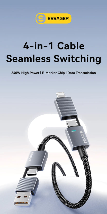 Essager 240W 4-in-1 Fast Charging Cable for iPhone17 16 15 Pro Max Macbook iPad Xiaomi Samsung Macbook USB Type C To USB C Cable