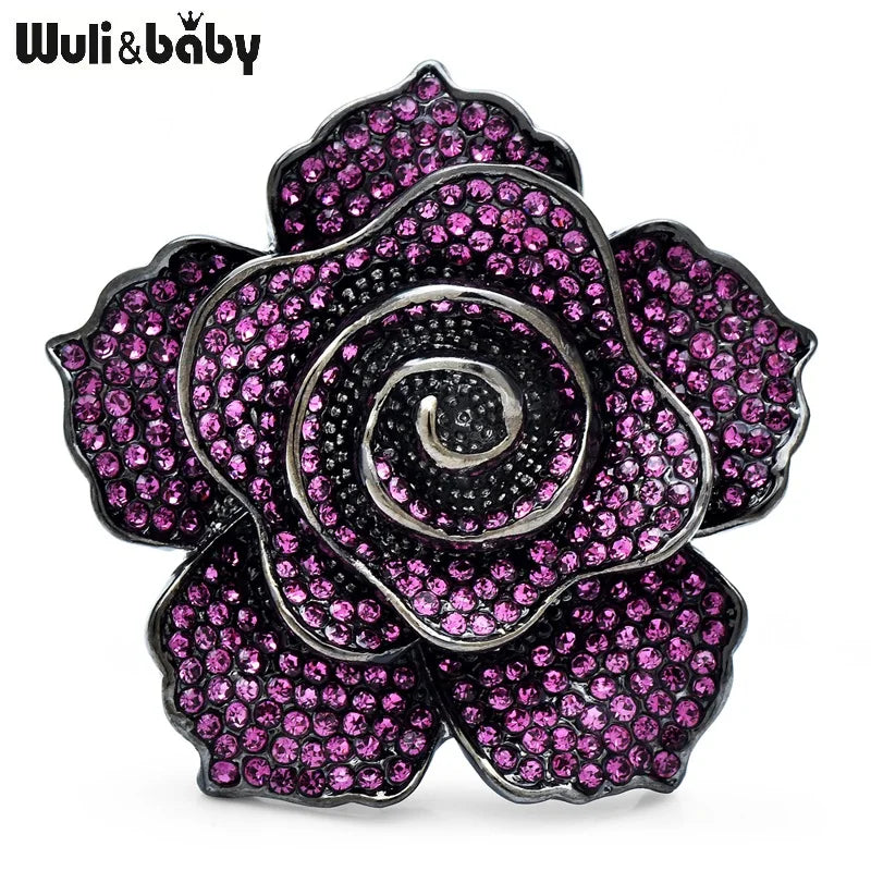 Wuli&baby Luxury Shinning Rose-flower Brooches For Women 4-color Full Rhinestone Charming Flower Plants Office Party Brooch Pins