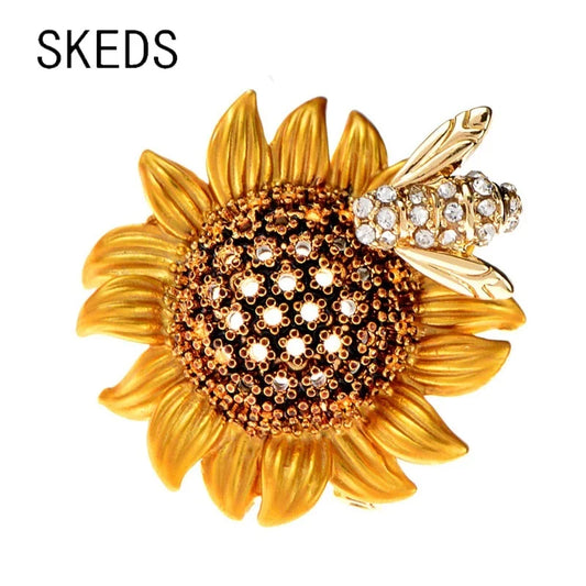 Trendy Elegant Sunflower With Rhinestone Bee Brooches For Women Men Daisy Flower Collar Insect Pins Badges Jewelry Accessories