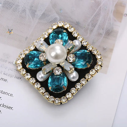 Elegant Geometric Crystal Stone Square Symmetrical Brooch Blue Green Large Rhinestone Cross Flower Pin with Clip for Women